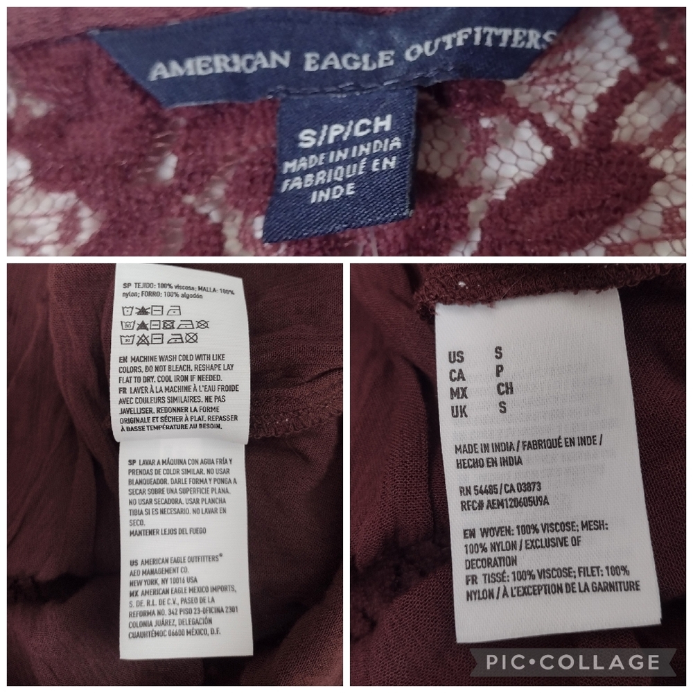 American Eagle Sheer Lace Panel Bell Sleeve V-Neck Flowy Peplum Blouse Wine Red - Picture 12 of 15